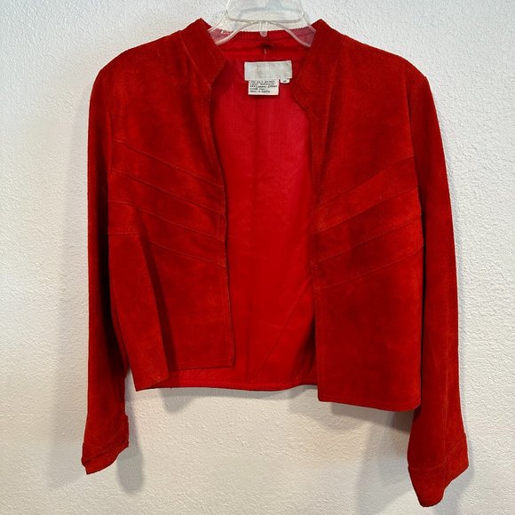 Vintage Emporium Capwell Crop Suede Leather Jacket Red Open Front Womens Sz Med